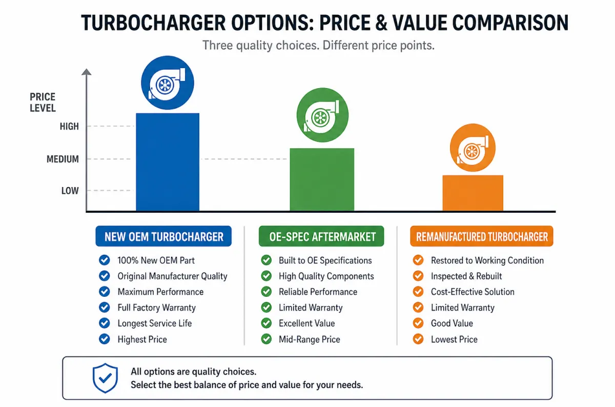 Comparison table of new OEM, OE-spec aftermarket, and remanufactured turbocharger sourcing channels with typical savings