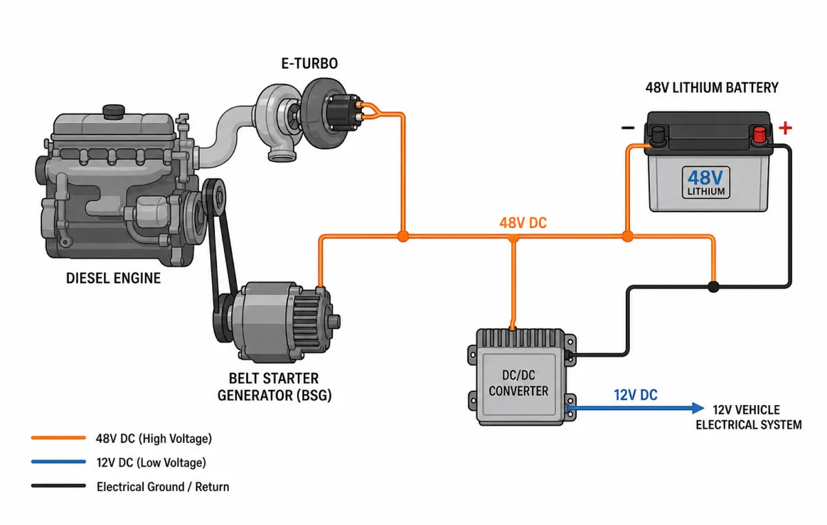 48V mild hybrid system topology showing the electric turbocharger connected to the battery, DC/DC converter and starter-generator