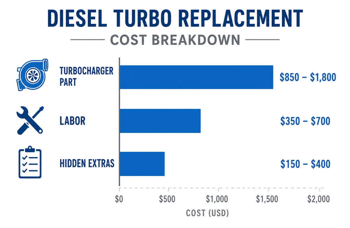 Cost breakdown chart showing turbocharger part, labor, and hidden costs as shares of a diesel turbo replacement invoice