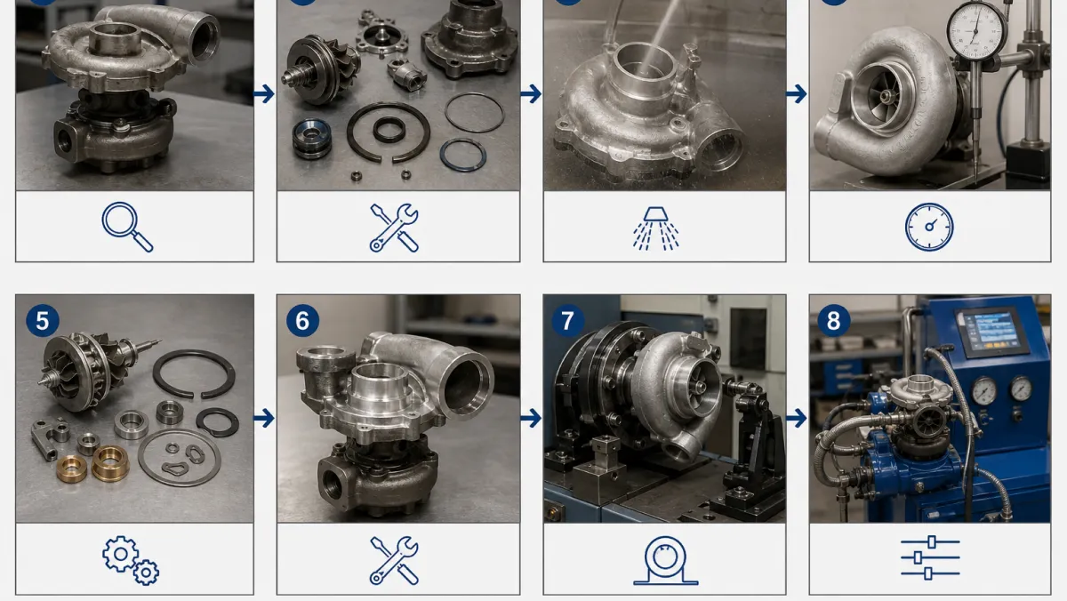 Flow chart of the eight-step turbocharger remanufacturing process from core inspection to final testing