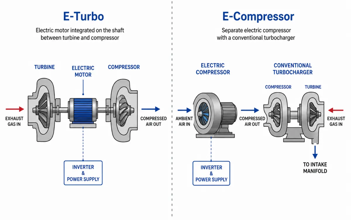 Diagram comparing e-turbo shaft-mounted motor architecture with a separate e-compressor and exhaust turbocharger layout