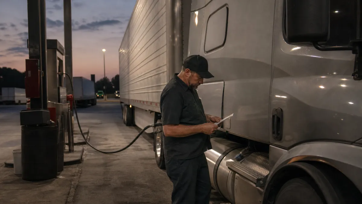 Class 8 diesel semi truck refueling at a highway fuel island at dusk, showing the real-world fuel cost turbocharging helps reduce