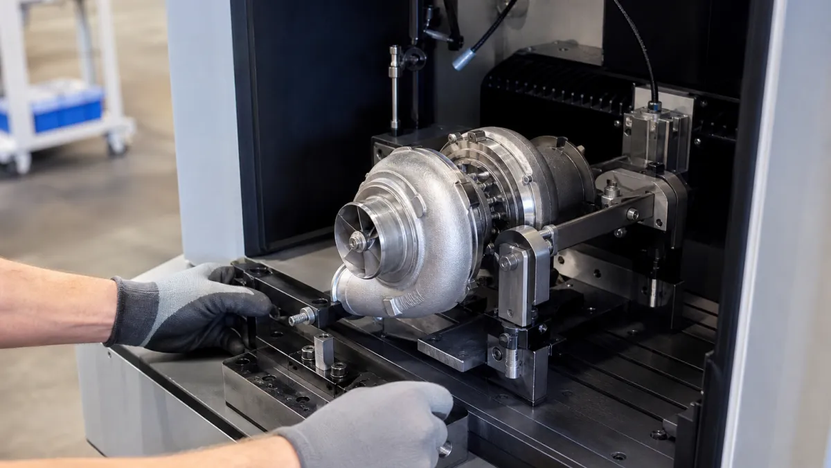 VSR high-speed balancing machine testing a turbocharger rotating assembly during a rebuild