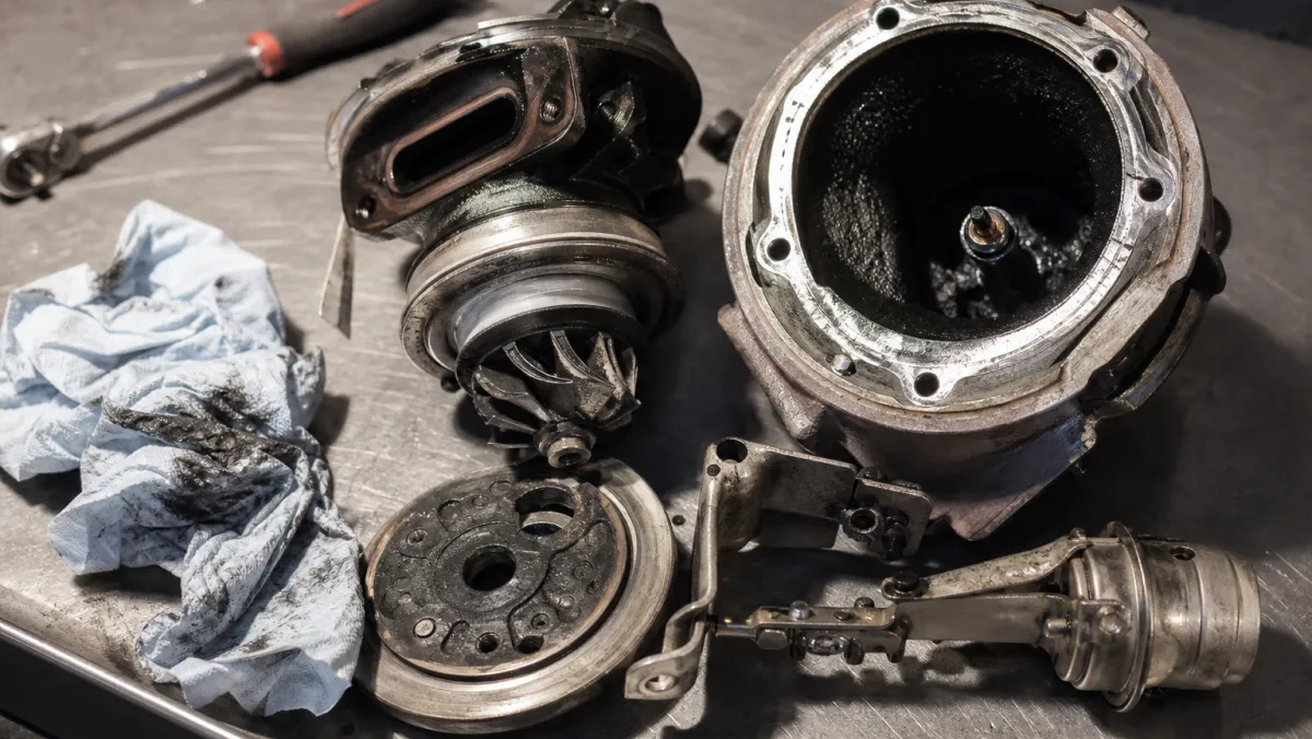 Cutaway of a worn diesel turbocharger showing oil coking deposits and damaged bearing surfaces that shorten turbo life