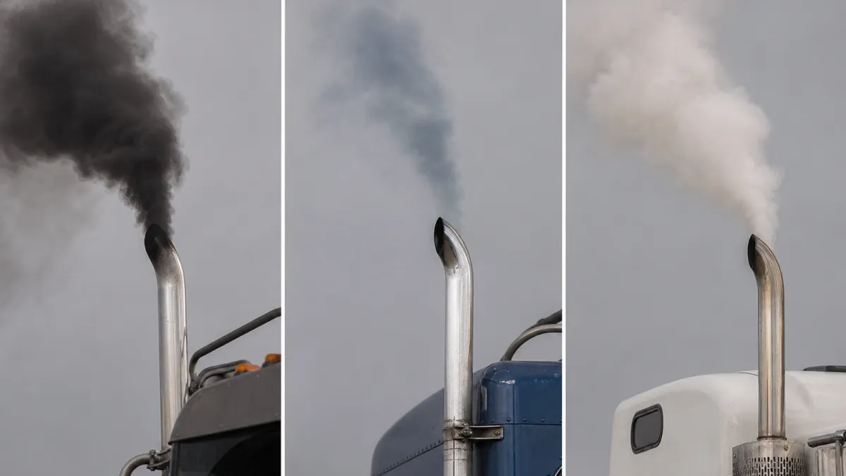 Heavy-duty truck exhaust smoke color comparison showing black, blue and white smoke for turbo diagnosis