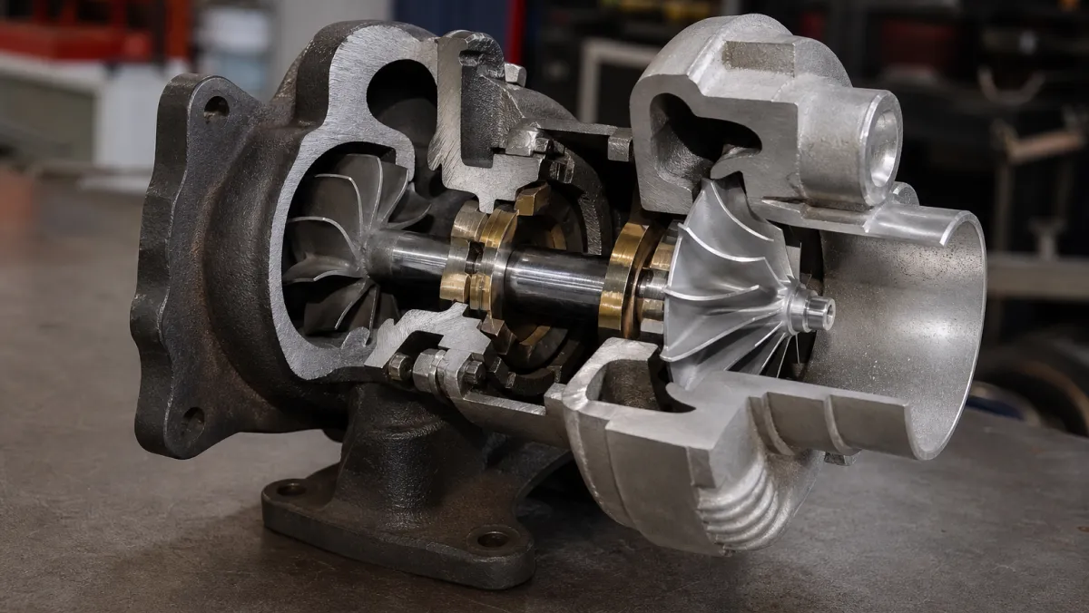 Cutaway diagram of a turbocharger showing the exhaust-driven turbine, compressor wheel, and airflow path that recovers waste energy