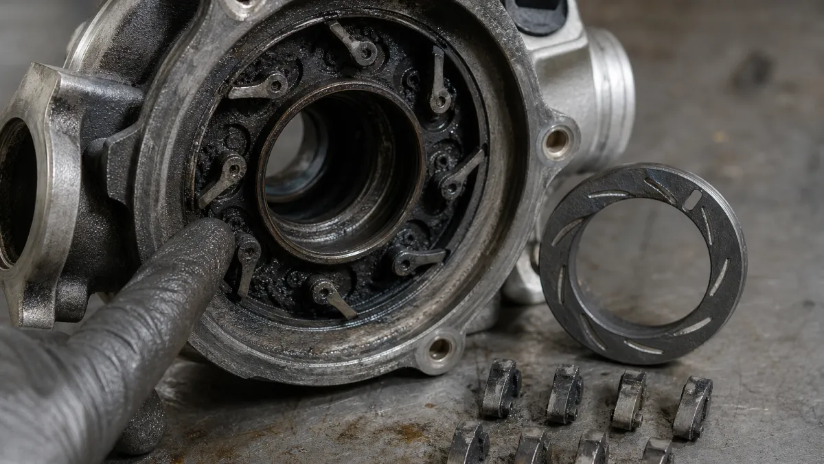 Soot-clogged VGT vanes and unison ring from a 6-0 Powerstroke GT3782VA turbo on a workshop bench