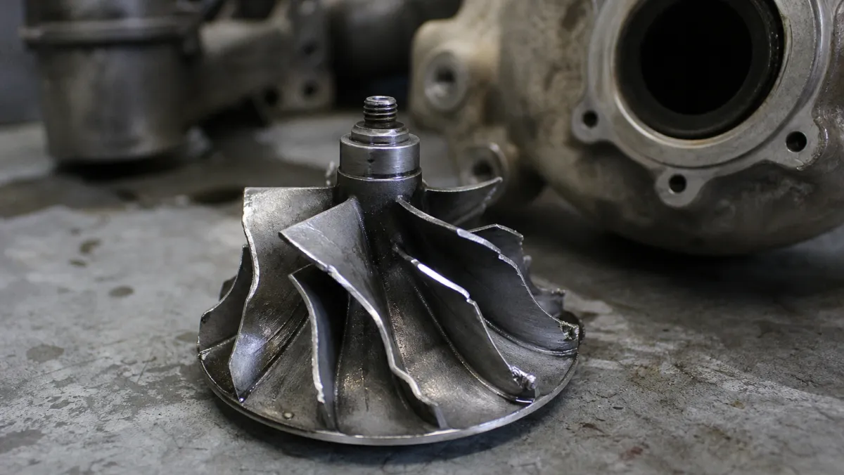 Close-up of a Detroit DD15 turbocharger compressor wheel with foreign object damage on a workbench