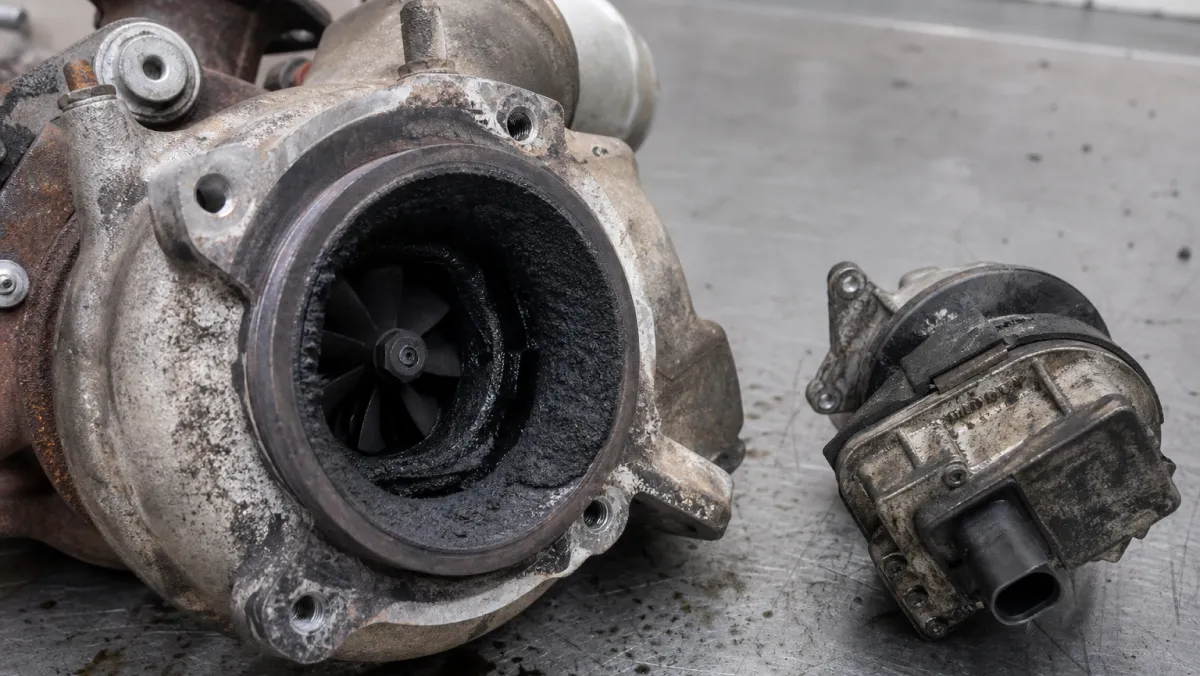 Close-up of soot-clogged VGT vanes and a failed turbo actuator from a high-mileage Cummins diesel