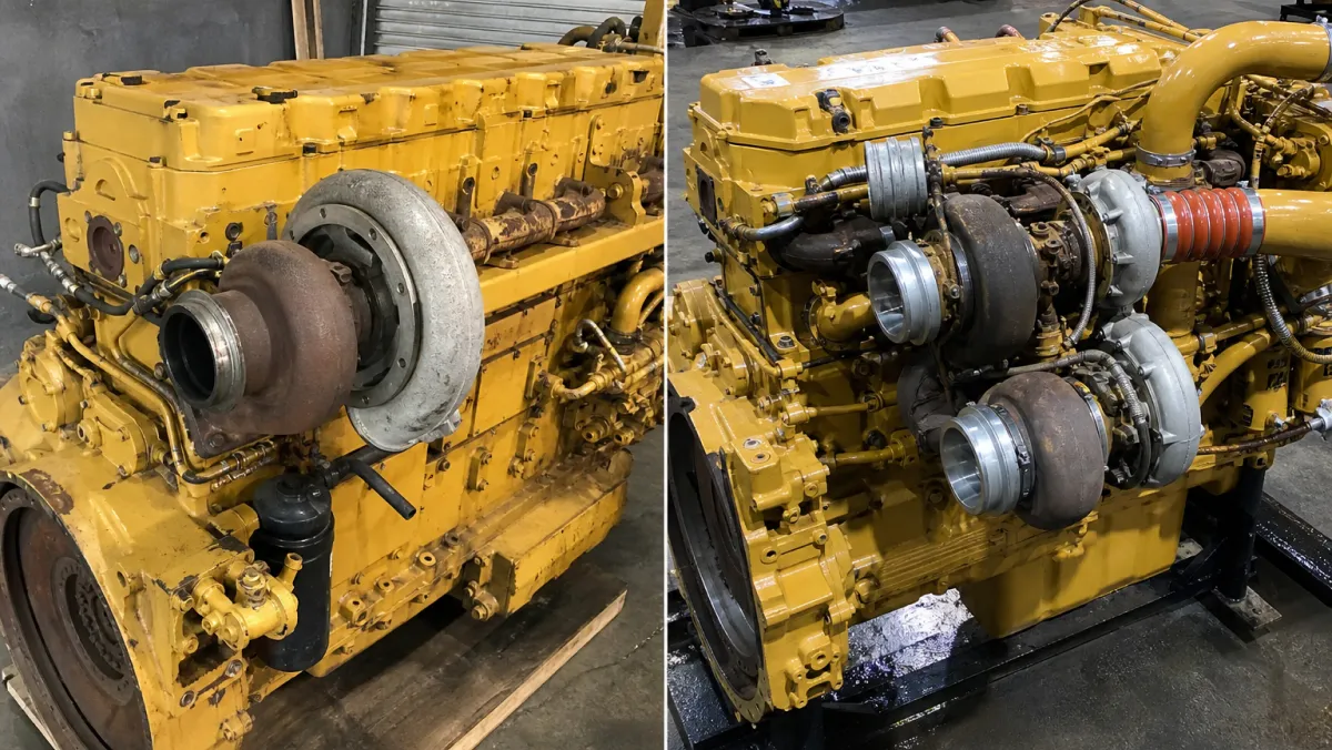 Single-turbo Cat C15 engine and ACERT twin-turbo C15 side by side for serial prefix comparison