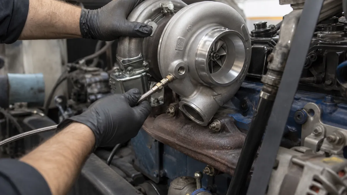 Technician installing a brand-new replacement turbo on a Ram Cummins engine with a new oil feed line