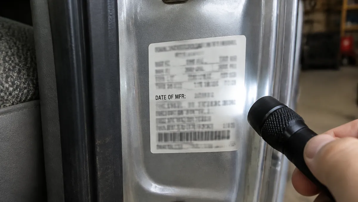 Driver-side door VIN label on a Ford Super Duty showing the production date used to match a 6-0 Powerstroke GT3782VA turbo variant