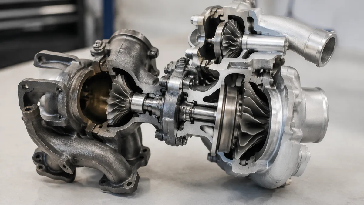 High-pressure and low-pressure compound turbochargers from a Ford 6-4L Powerstroke V2S system side by side on a workbench