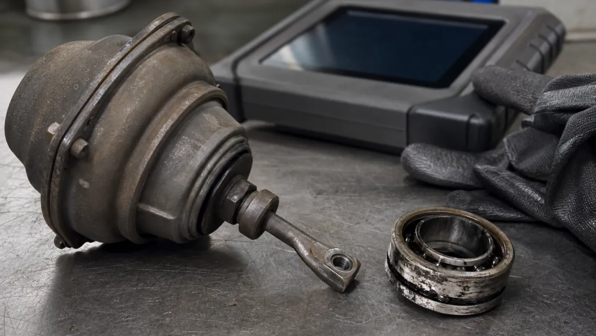 Failed VVT turbo actuator and worn journal bearing removed from a high-mileage Cat C15 ACERT engine