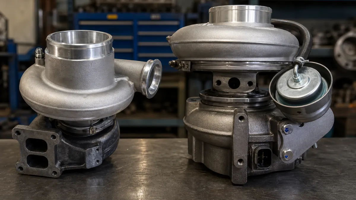 Holset HX55 and BorgWarner B3G turbochargers side by side showing the two DD15 turbo generations