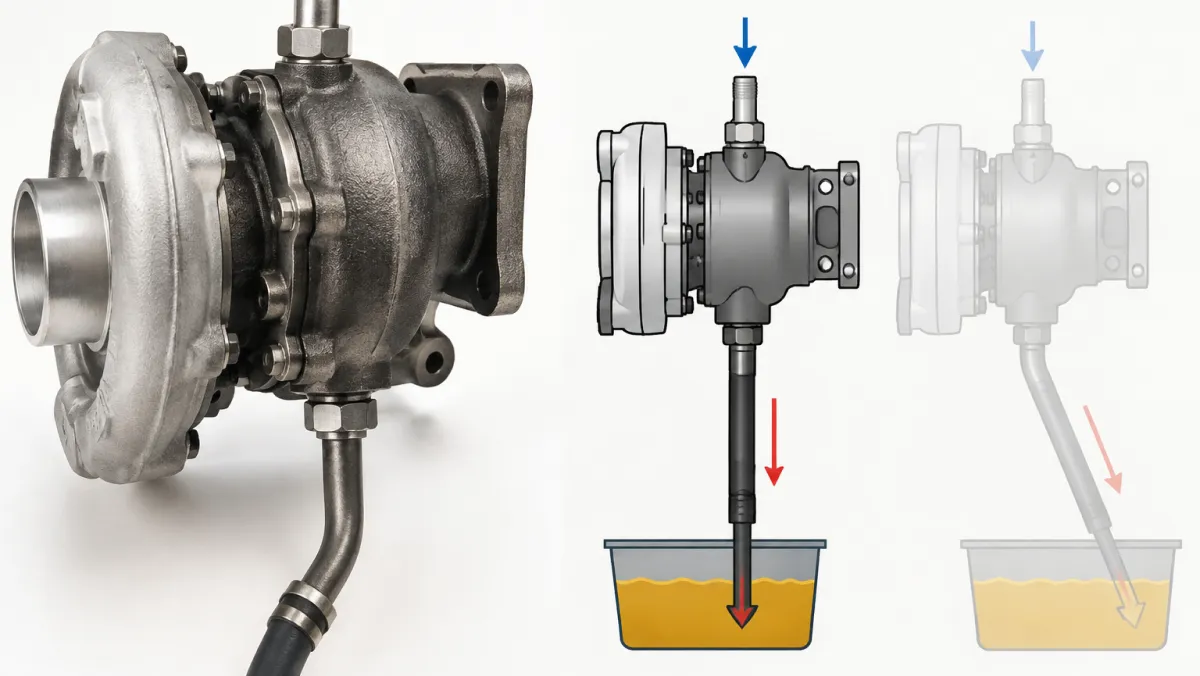 Dark oil pooled inside a truck intercooler and charge air pipe removed for inspection