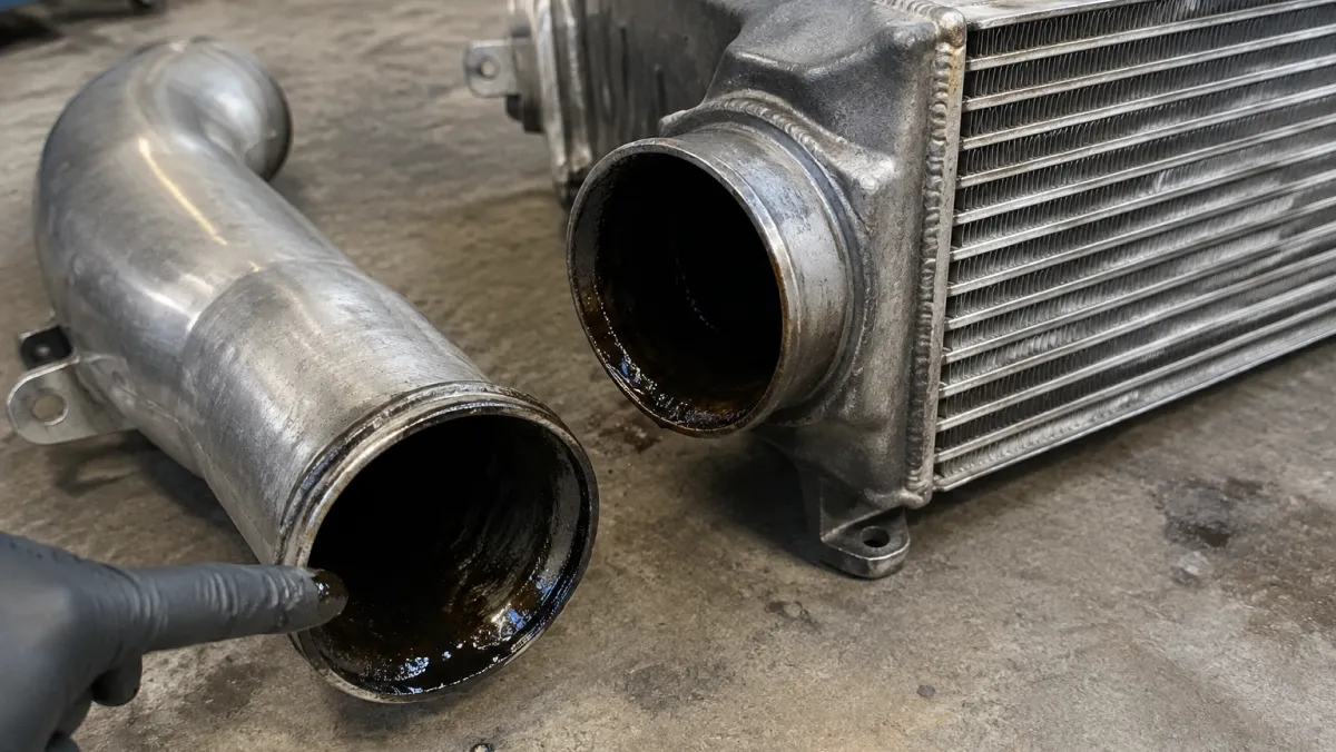 Diagram of three turbo oil leak locations — compressor side into the intake, turbine side into the exhaust, and external seepage at the center housing