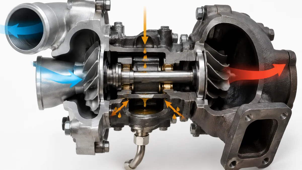 Heavy-duty diesel turbocharger with fresh oil residue around the compressor outlet and center housing on a workshop bench