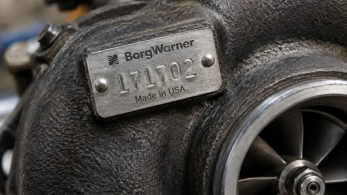 BorgWarner turbocharger nameplate showing stamped part number 171702 on the turbine housing
