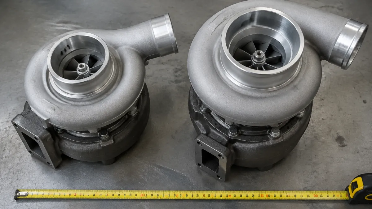 Two Borg Warner S series turbochargers side by side showing the size difference between S300 and S400 frames
